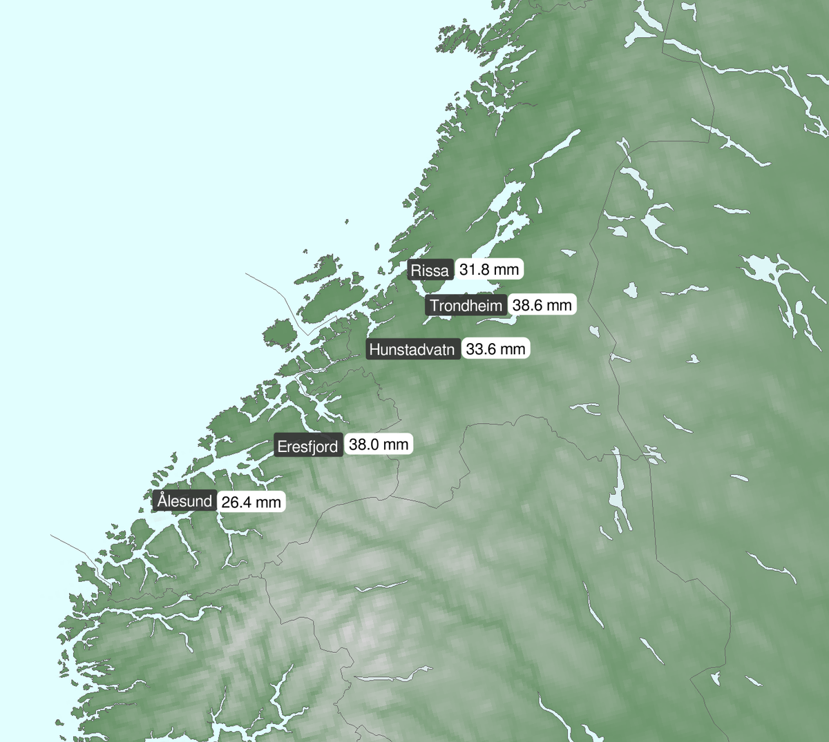 Nedbørsobservasjoner i Trøndelag og Møre og Romsdal for torsdag 20. august.