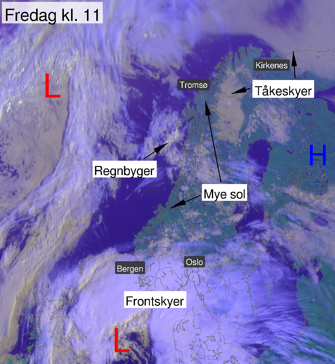 Satellittbilde som viser værsituasjonen fredag 28.08 kl. 11.00