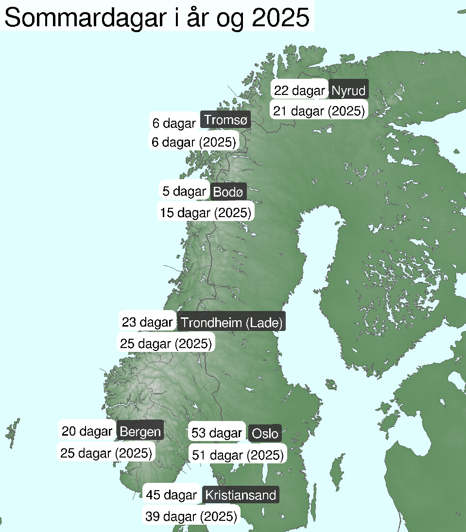 Kart som viser antall sommerdager i Norge for for syv steder