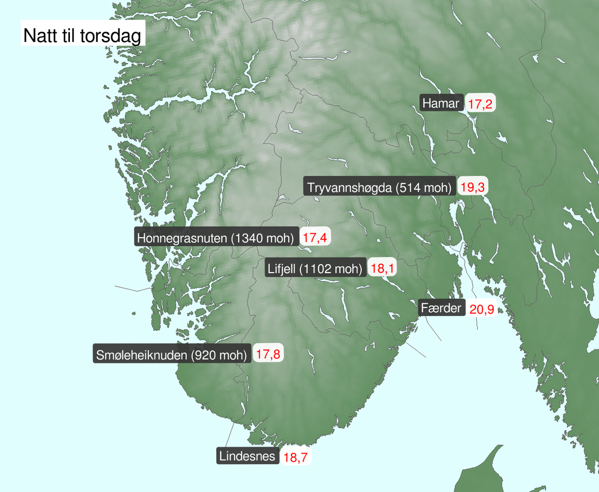 Kart over Norge sør for Dovrefjell som viser nattas minimumstemperatur på utvalgte steder.