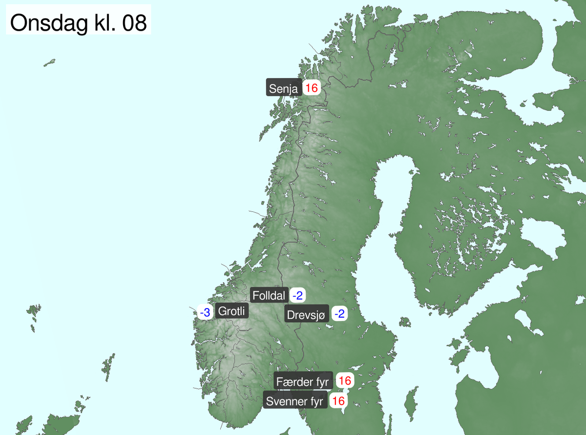 Kart som viser de kaldeste og varmeste stedene i dag, 19. august.