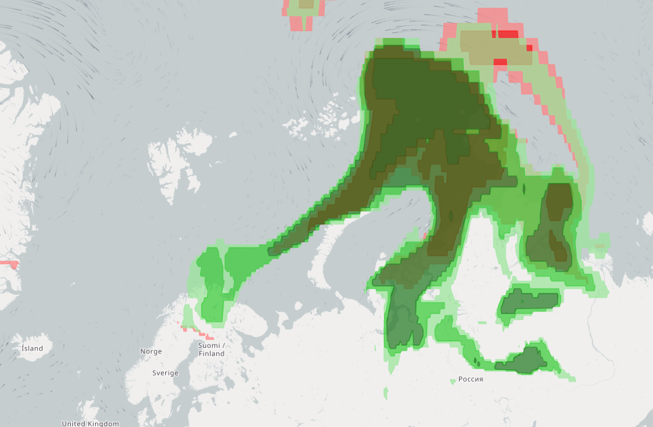 Skjermdump av aerosol spredning fra Sibir til Øst-Finnmark på lørdag