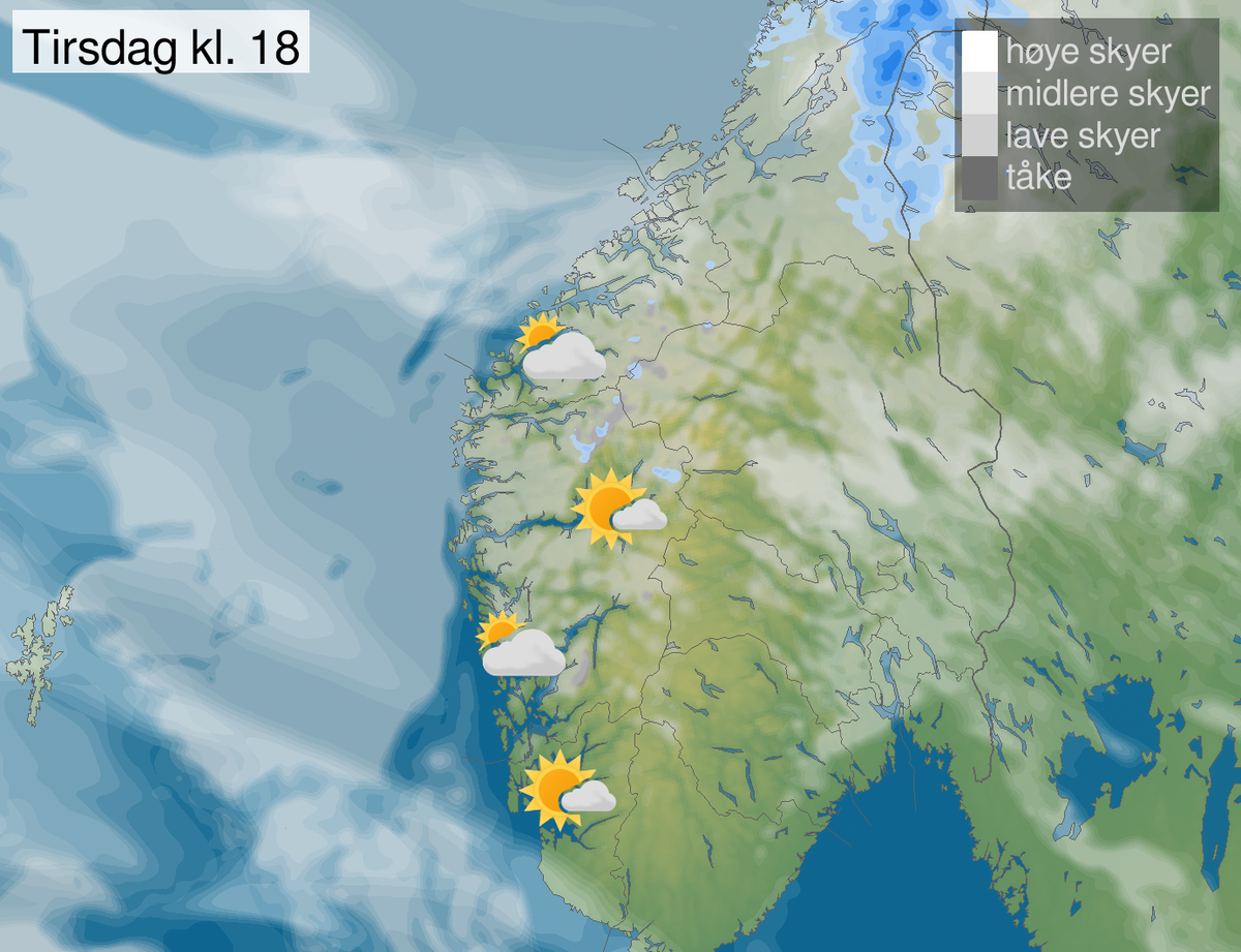 Kart med sol og skyer på Vestlandet torsdag ettermiddag/kveld