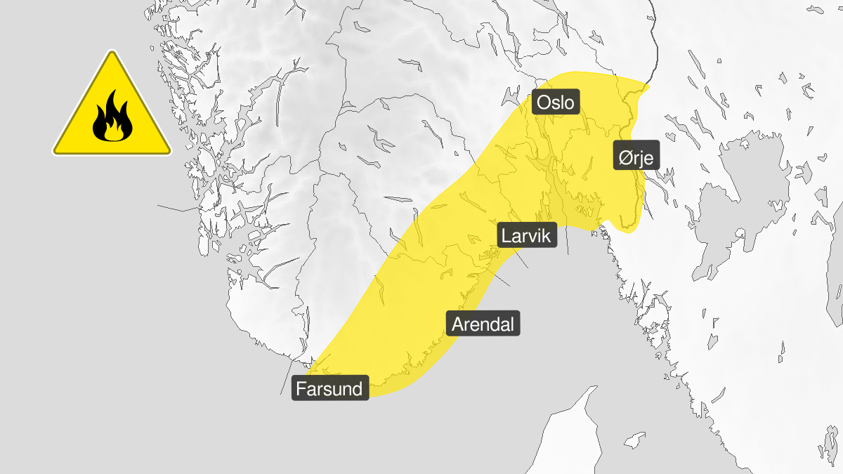 Illustrasjon av skograbnnfarevarsel for deler av Agder og Østlandet sør for Mjøsa