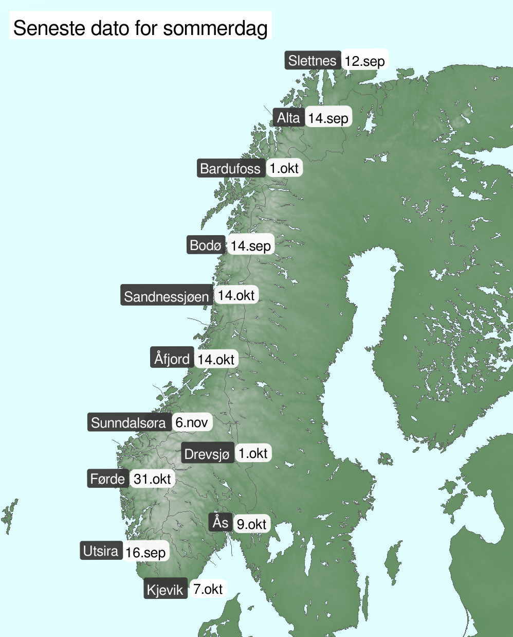 Kart over Norge som viser seneste dato på høsten for registrering av 20 grader.