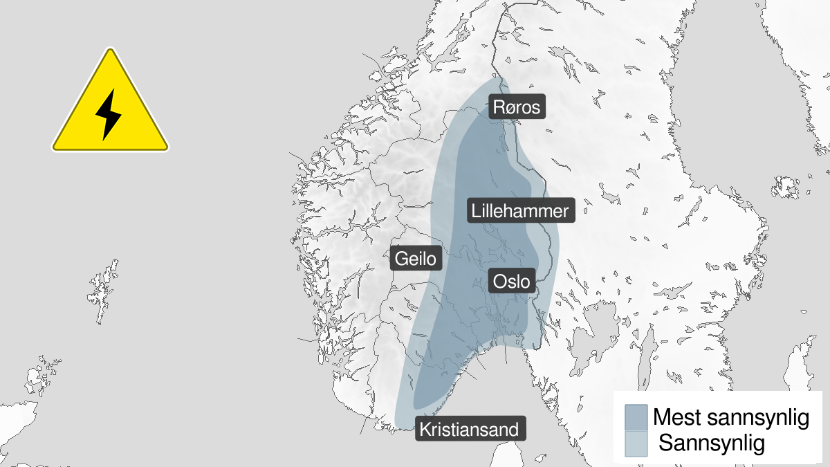 Kart over område med gult varsel om mye lyn.
