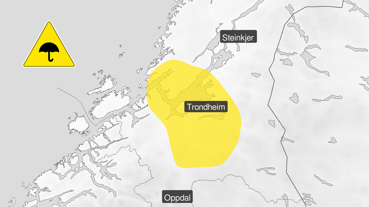 Området rundt Trondheim hvor det er sendt ut gult farevarsel om mye regn