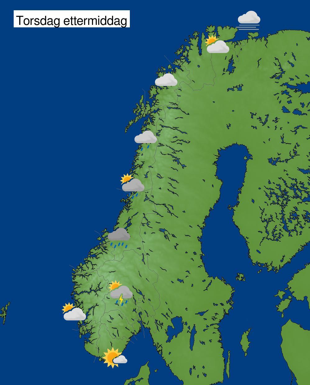 Kart over Norge med værsymboler på utvalgte steder.
