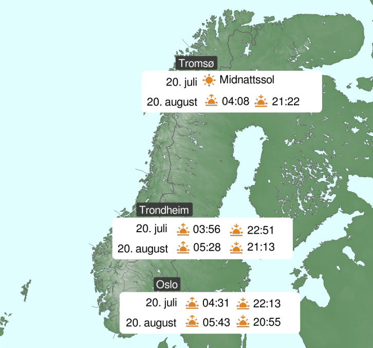 Kartet viser at Sør-Norge har mistet ca tre timer med dagslys på en måned og Nord-Norge seks og en halv time
