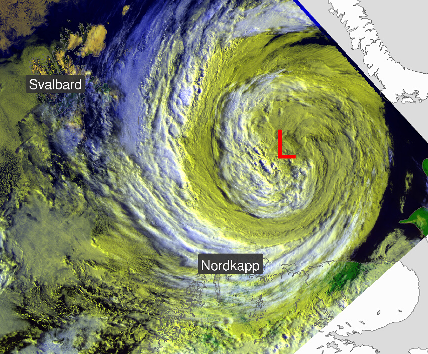 Satellittbilde av lavtrykk i Barentshavet